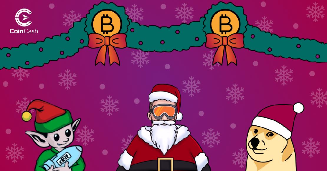 CHristmas ELF és CHRISTMAS DOGE Santa Elon mellett, karácsonyi fényfüzér alatt